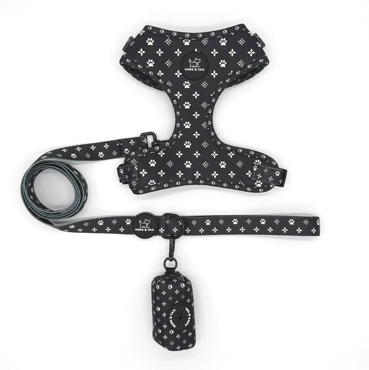 Dog walking essentials set, harness, leash, collar, bow, bandana, waste bag holder, Paws & Tail